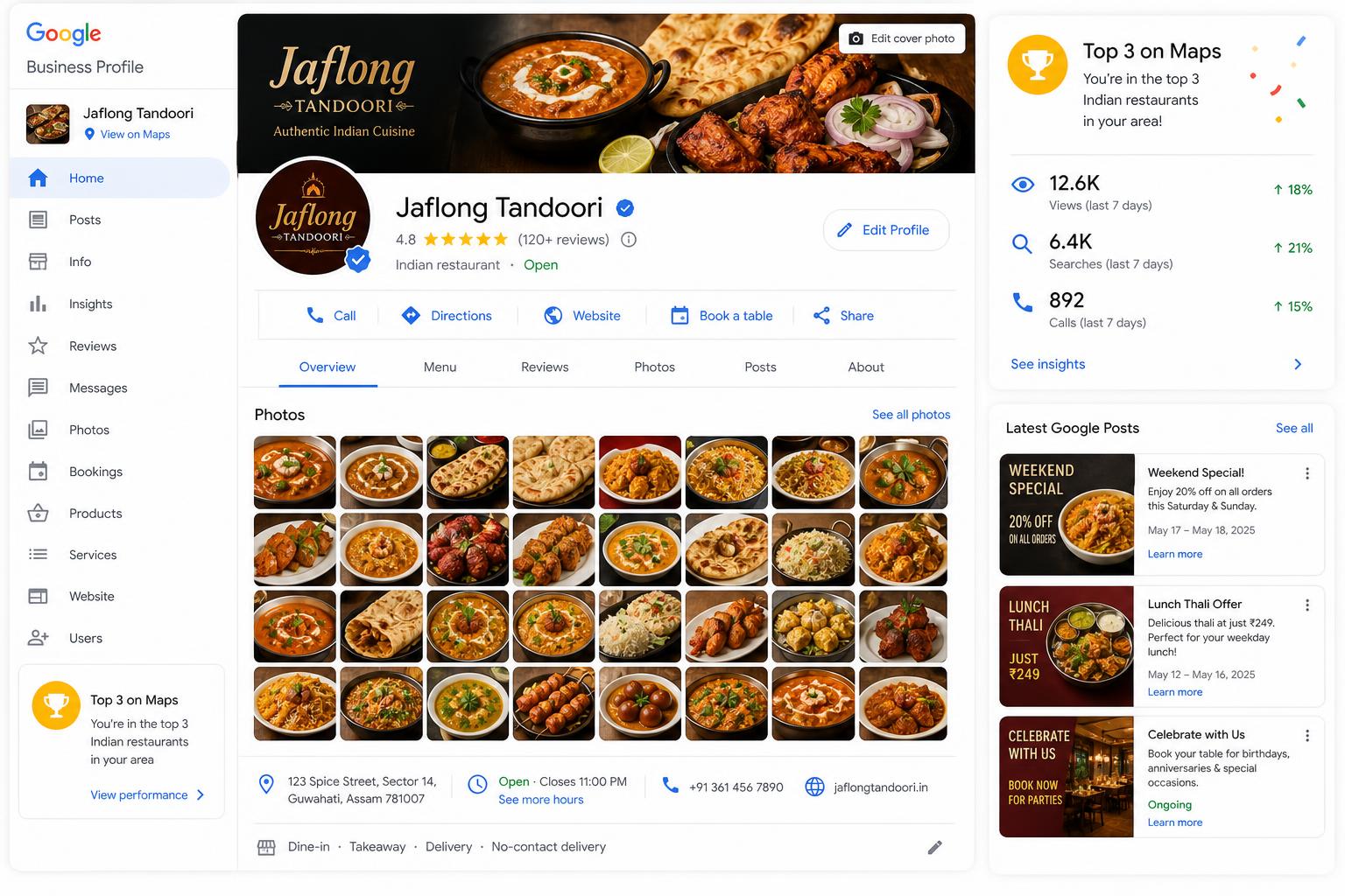 Jaflong Tandoori Google Business Profile after optimisation — 4.8 stars, 120+ reviews, 30+ food photos, weekly Google Posts, ranked Top 3 on Maps