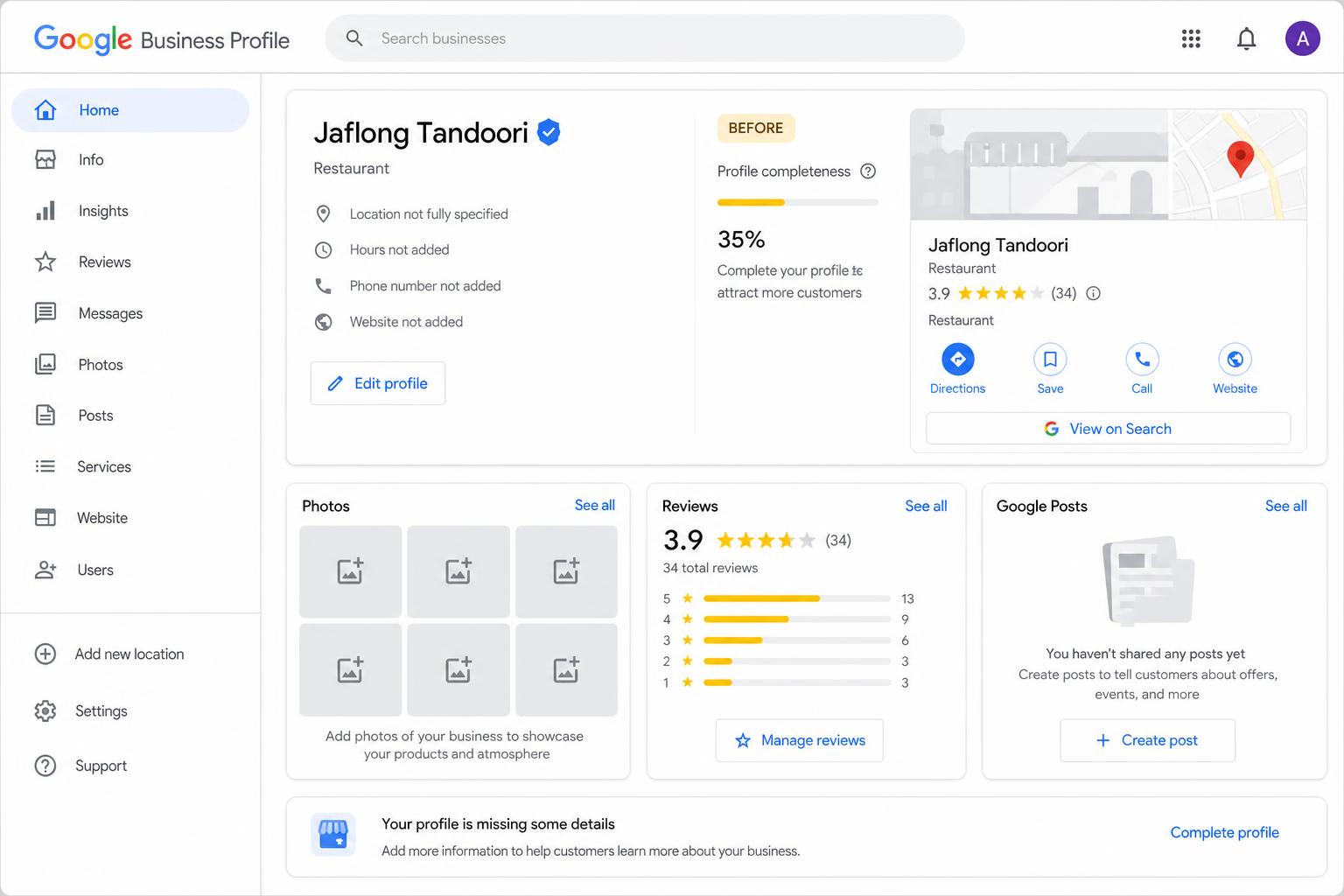 Jaflong Tandoori Google Business Profile before optimisation — 35% complete, generic 'Restaurant' category, no photos, sparse reviews