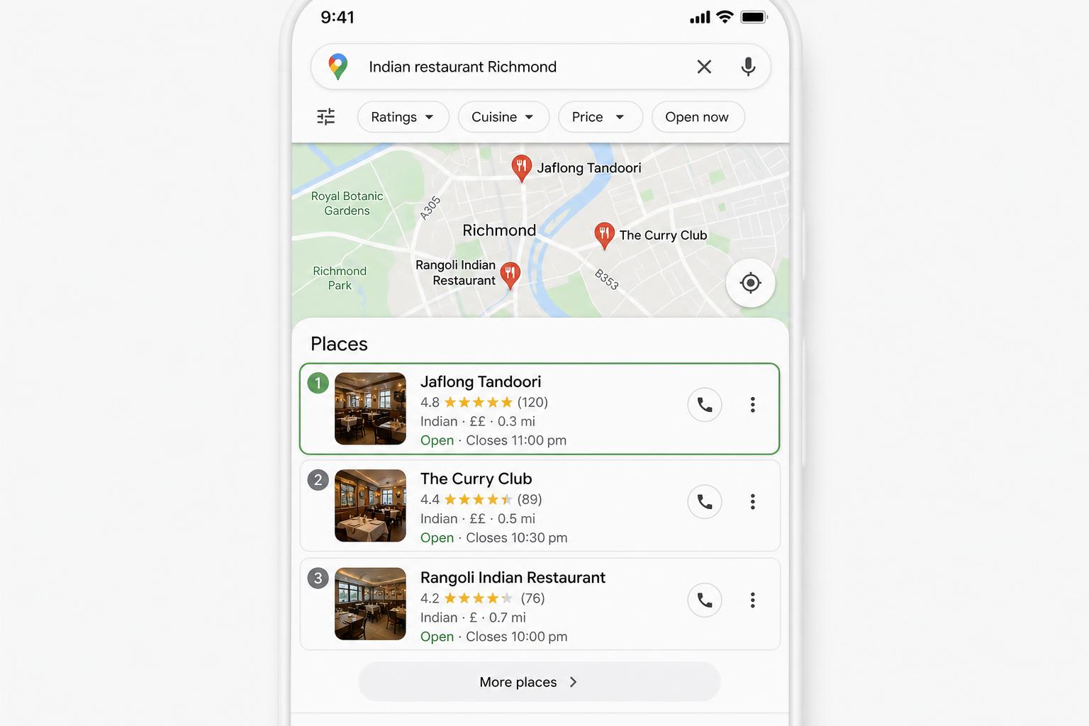 Jaflong Tandoori ranking #1 in the Google Maps 3-pack for 'Indian restaurant Richmond' on mobile